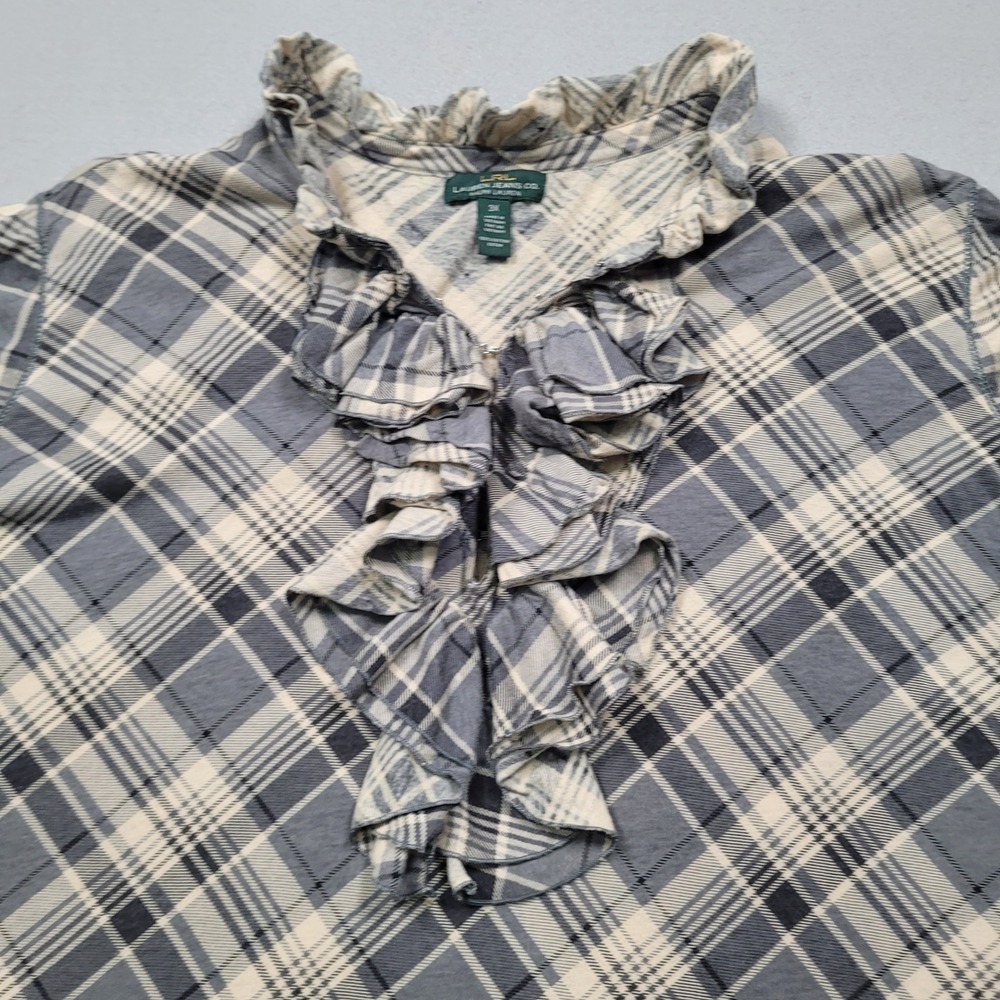 Lauren Ralph Lauren Plaid Ruffle V Neck Long Sleeve Top Grey 3X